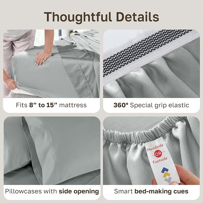 California Design Den 800 Thread Count Split King Bed Sheet Set, 5 Pcs Set | 100% Cotton Sateen, Good Housekeeping Seal, Split King Sheets Sets for Adj. Bed with 2 Sep. Twin-XL Mattresses - Light Grey