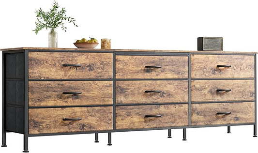 Huuger 63 Inch Dresser for Bedroom, Dresser for Closet with 9 Fabric Drawers, Large TV Stand for 55, 65, 70 Inch TV, Entertainment Center with Storage, Wide Long Chest of Drawers, Rustic Brown