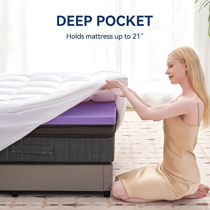 BDEUS Dual Layer 5 Inch Memory Foam Mattress Topper Full Size, 2 Inch Gel Memory Foam Plus 3 Inch 1450 GSM Down Alternative Quilted Pillow Top Mattress Pad Cover,White