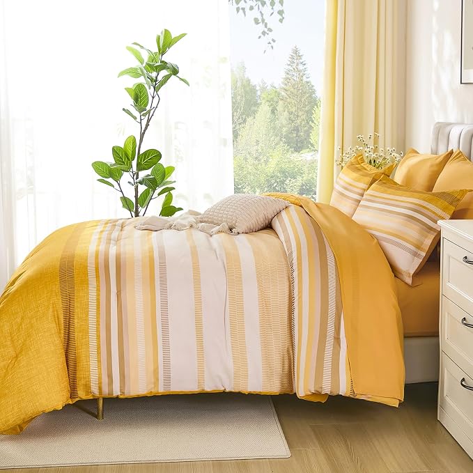 Dobuyly Yellow Comforter Set Queen Size 7 Piece, Boho Striped Bed in a Bag Queen Soft Microfiber Bedding Sets with Comforter, Sheets, Pillowcases & Shams All Season