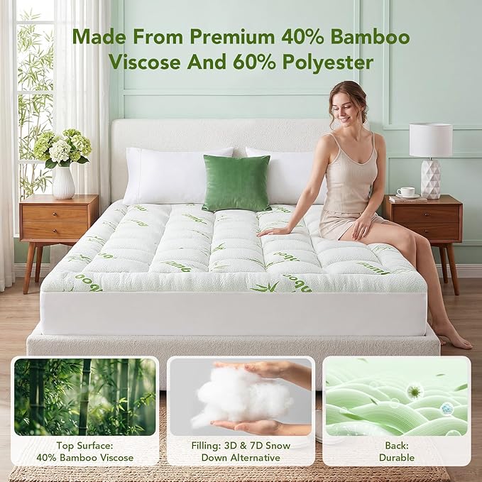 Queen Size Mattress Topper Viscose Made from Bamboo, Extra Thick Quilted Pillow Top, Naturally Cooling & Breathable for Hot Sleepers, Back Pain Relief, Deep Pocket Skirt Fits 6-18", Green
