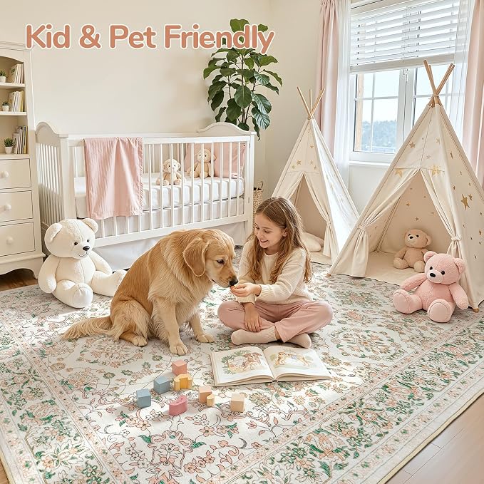 8x10 Area Rugs for Living Room,Large Washable Floral Carpet Pink | Durable Stain Resistant,Kid Pet Friendly,Compatible with All Vacuums,0.25inch Low Pile for Bedroom Dining Room Home Office