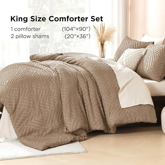 Litanika King Size Comforter Set, 3 Pieces Taupe Tufted Boho Bedding Set | Farmhouse Shabby Chic Vintage Bohemian Textured Aesthetic Soft Fluffy Lightweight Breathable All Season Bed Set for King Bed