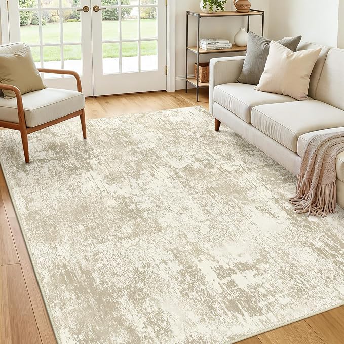 RELEANY Washable 6'x9' Abstract Area Rug for Living Room Cream Beige | Carpet for Bedroom, Kitchen, Office, Hallway and Entryway, Printed Pattern, Non‑Slip, Soft, Stain‑Resistant, Easy to Clean