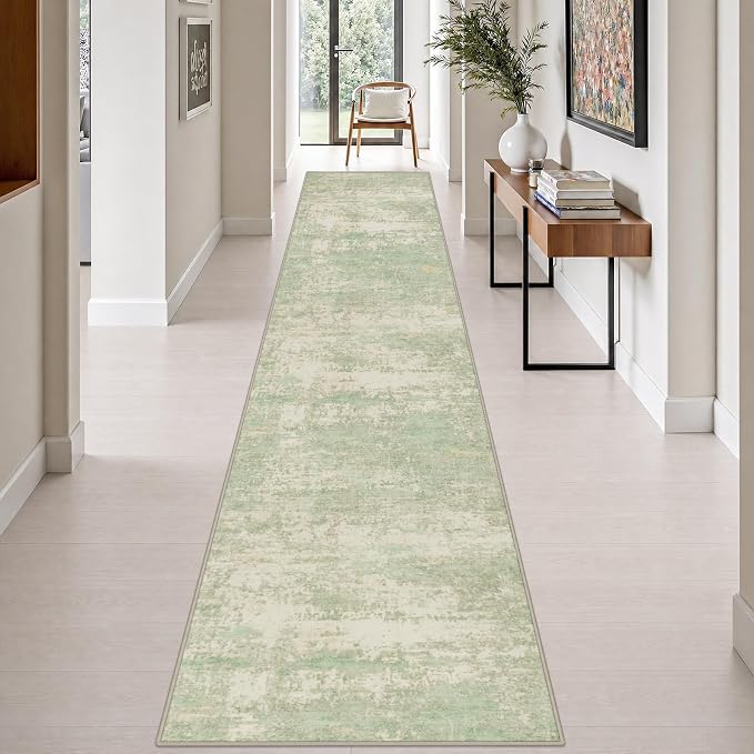 2.6x14 Washable Runner Rug:Modern Abstract Soft Carpet Green Cream | For Hallway, Bedroom, Kitchen, Laundry, Bathroom,Door Mat,Modern Abstract,Machine washable,Non-Slip,Stain Resistant,Indoor