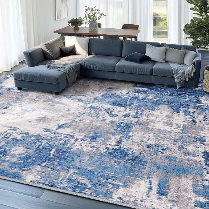 RELEANY Washable 7'x9' Abstract Area Rug for Living Room Blue Gray | Carpet for Bedroom, Kitchen, Office, Hallway and Entryway, Printed Pattern, Non‑Slip, Soft, Stain‑Resistant, Easy to Clean