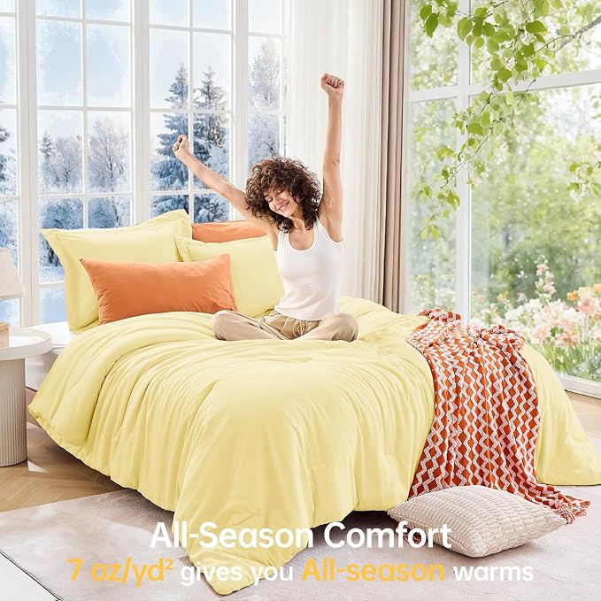 Full Comforter Sets, All Season Ultra Soft Down Alternative Bedding - 3 Piece Lightweight Bed Set Includes 1 Comforter (82"x86") and 2 Pillow Shams (20"x26"), Cream Yellow