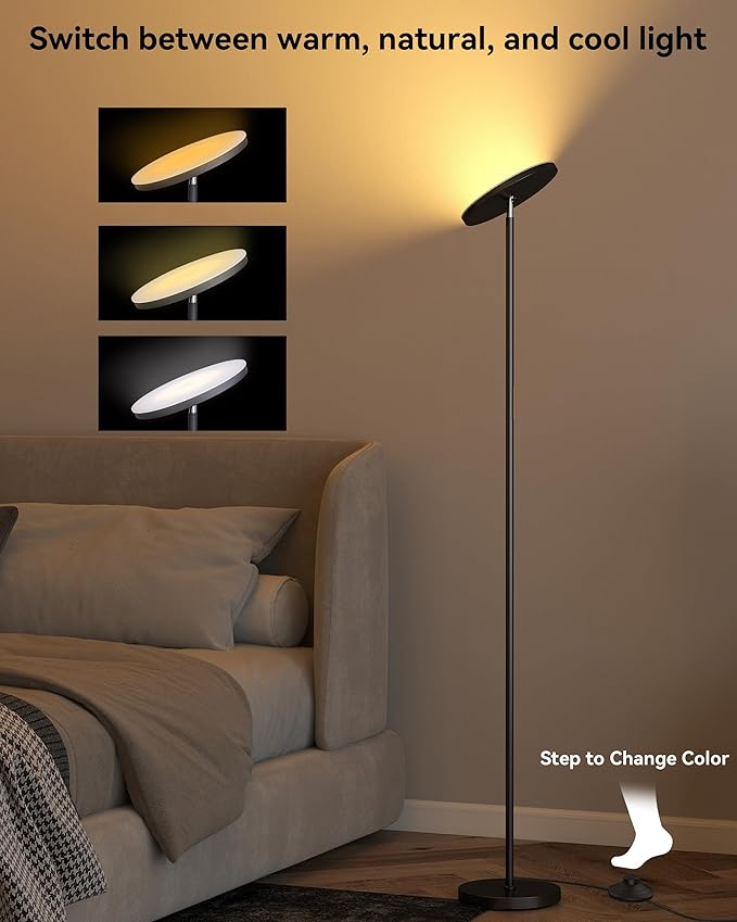 LED Torchiere Floor Lamp with Remote, Stepless Dimmable Standing Lamp | Super bright uplight fills ceilings and dark corners for living rooms, bedrooms, home offices, reading nooks and apartments
