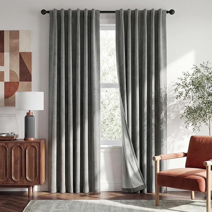 RYB HOME Grey 100% Blackout Linen Textured Curtains 102 Inch Long | Thermal Insulated, Energy Saving, For Bedroom Living Room Dining Loft Nursery Patio Sliding Glass Door, W52 x L102, 2 Panels