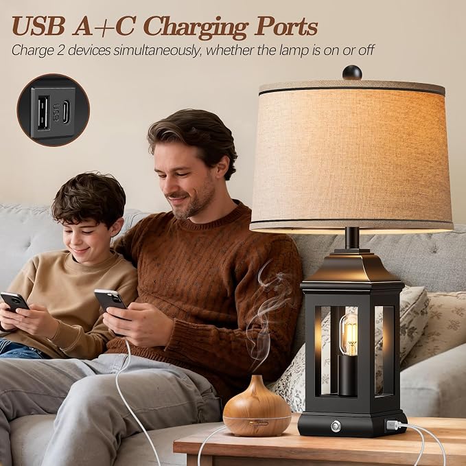24" Rustic Farmhouse Table Lamps for Living Room Set of 2, Touch Dimmable Nightlight Vintage Bedside Lamps with USB A+C Ports & Dual Light Sources for Bedroom Nightstand End Table, Matte Black