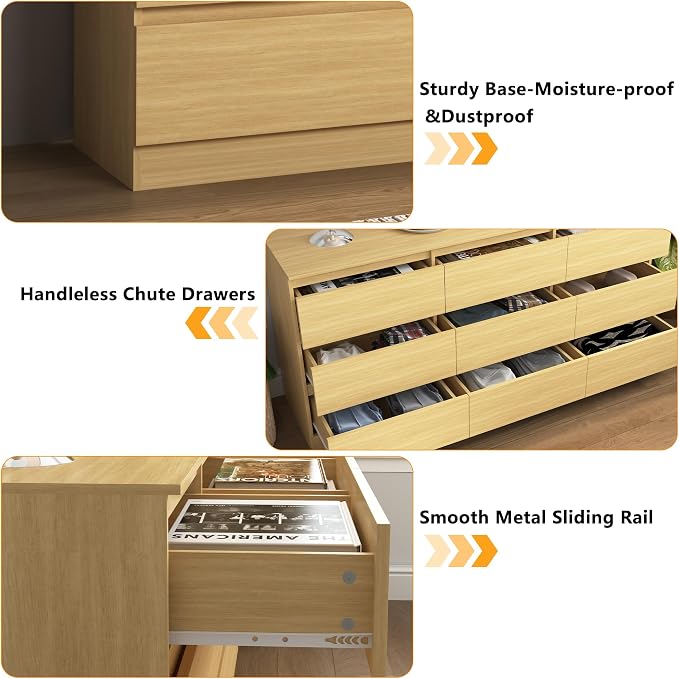 Vibe & Dine 9 Drawer Dresser, Modern Long Dresser for Bedroom, Wood Chest of Drawers with Wide Storage for Living Room, Natural Wood