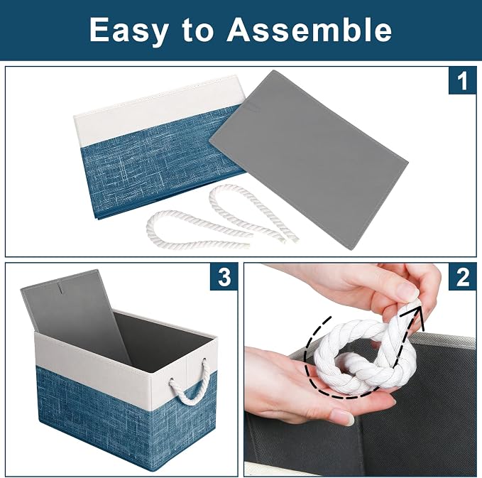 Storage Bins 2-Pack, Foldable Storage Baskets for Organizing Toys, Books, Shelves, Closet, Large Storage Box with Rope Handles, Sturdy Organizer Bins, White & Blue