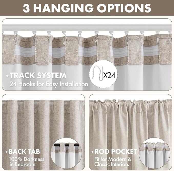 MIULEE 100% Blackout Linen Curtains for Bedroom 40W x 96L Beige 2 Panels | 96 inches Long, Thermal Insulated, Room Darkening, Black Out Drapes for Living Room, Back Tab Rod Pocket