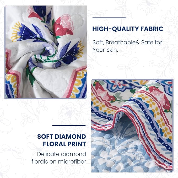 Quilt Set Queen Size, Bedspread Sets Elegant Floral, Reversible Quilt Bedding Set Lightweight and Breathable for All Seasons, Soft Quilted Bedspread with 2 Pillow Shams