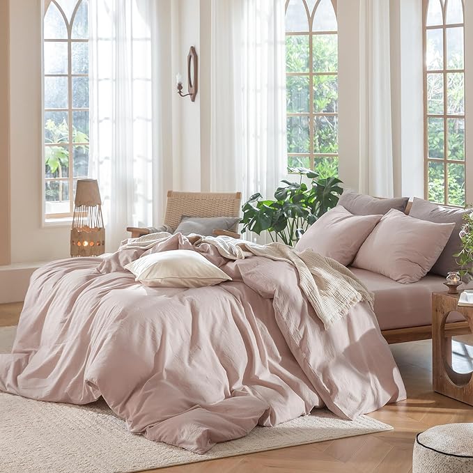MooMee Duvet Cover Set 100% Washed Cotton Linen Like Full | Relaxed Linen-like Texture. Soft, Breathable & Long-lasting Comfort. Lightweight. Hidden Zipper with 8 Interior Corner Ties