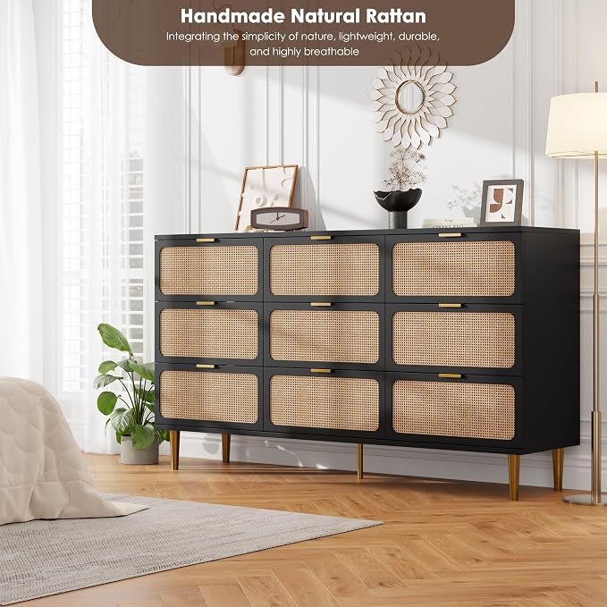 GarveeHome Rattan 9 Drawer Dressers for Bedroom, Deep Drawer, Black | Tall Dresser, Wide Top, for Living Room, Hallway, Kids Room, Large Chest of Drawers for Closet, Long Wooden Dresser
