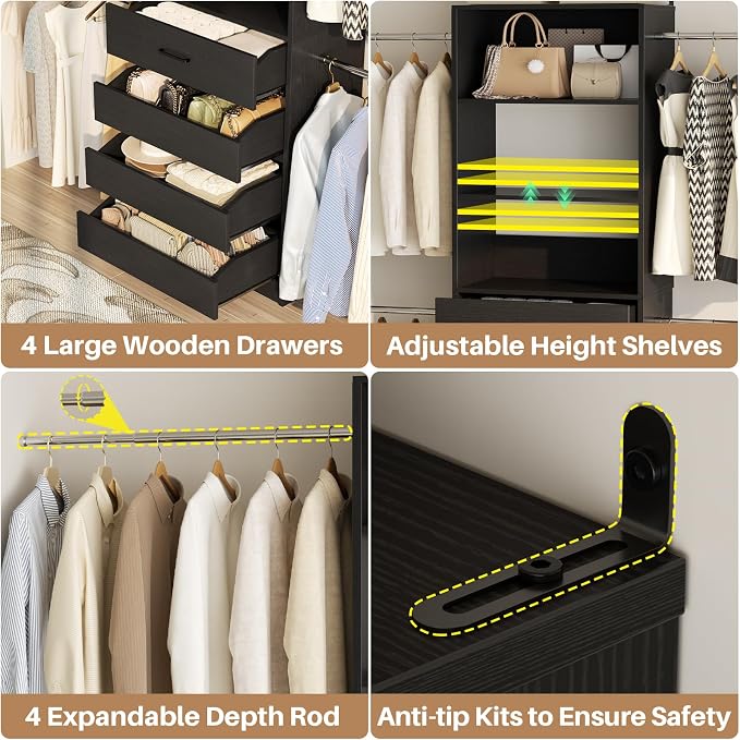 Aheaplus Closet System, 4-9Ft Closet Organizer with 4 Wooden Drawers, Black | Wood Closet Organizer System with Tower, Walk-in Closet Organizer Wardrobe Clothes Rack with 4 Hanging Rods, Garment Rack