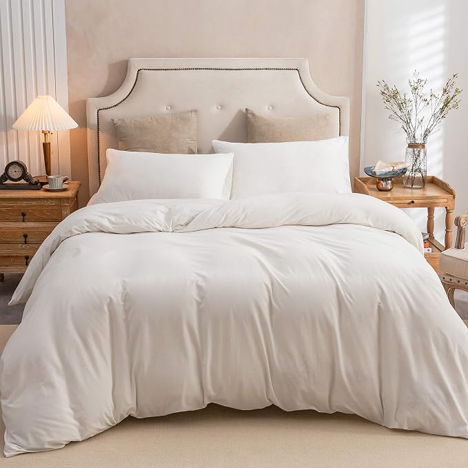 PURE ERA Jersey Knit Sheet Set Solid Off White Twin | 100% Cotton, 3 Piece Set, T Shirt Soft, Breathable, Envelope Closure Pillowcases, Hidden Zipper, 8 Ties, No Insert, Modern