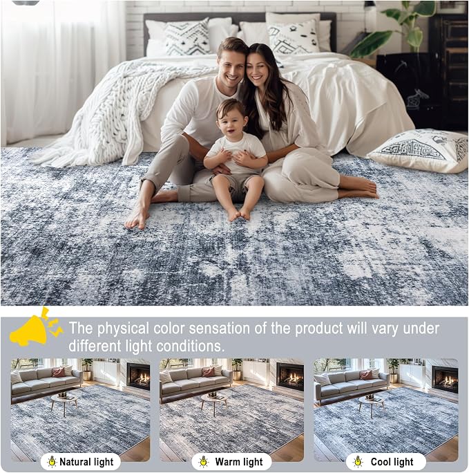 PLHXFR 10x14 Area Rug Living Room: Abstract Washable Carpet Grey Blue | For Bedroom Dining Room Farmhouse Nursery Home,Machine washable,Non Slip,Large Soft Neutral,Stain Resistant, Indoor Floor
