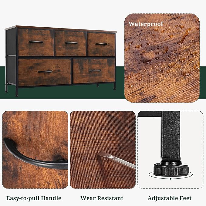 5-Drawer Dresser for Bedroom, Anti-Tip Wide Storage Organizer Fabric | Chest of Drawers TV Stand for 45" TV with Wooden Top and Metal Frame for Closet, Living Room, Hallway, Entryway, Brown