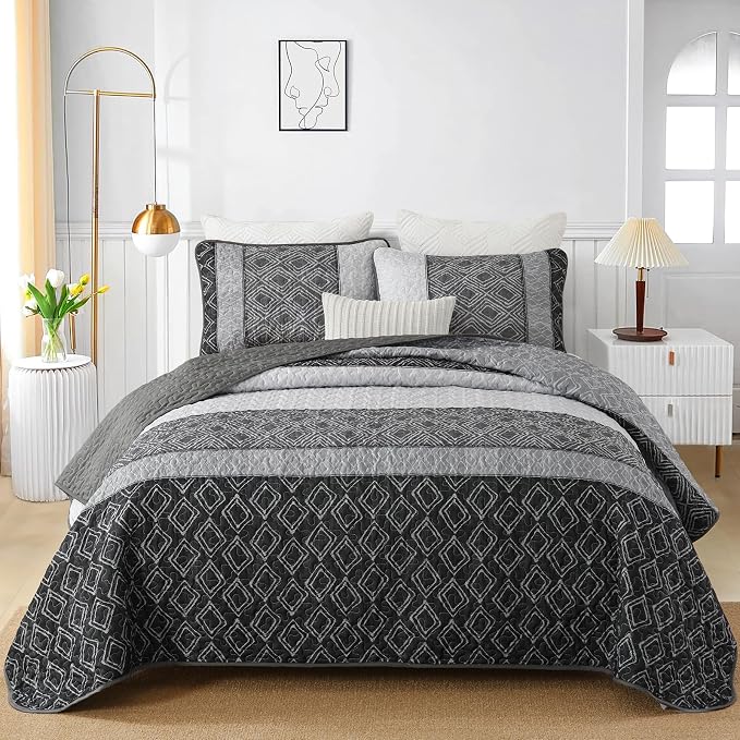 Cottolester Boho Quilt Set Queen Size 3 Pieces,Grey Striped Plaid Bedspread,Soft Microfiber Bedding Set with 2 Pillow Shams 96"x90" | Summer Lightweight Coverlets Set for Men Women,Soft Microfiber Patchwork Quilt Bedding Sets for All Seasons 96"x90"
