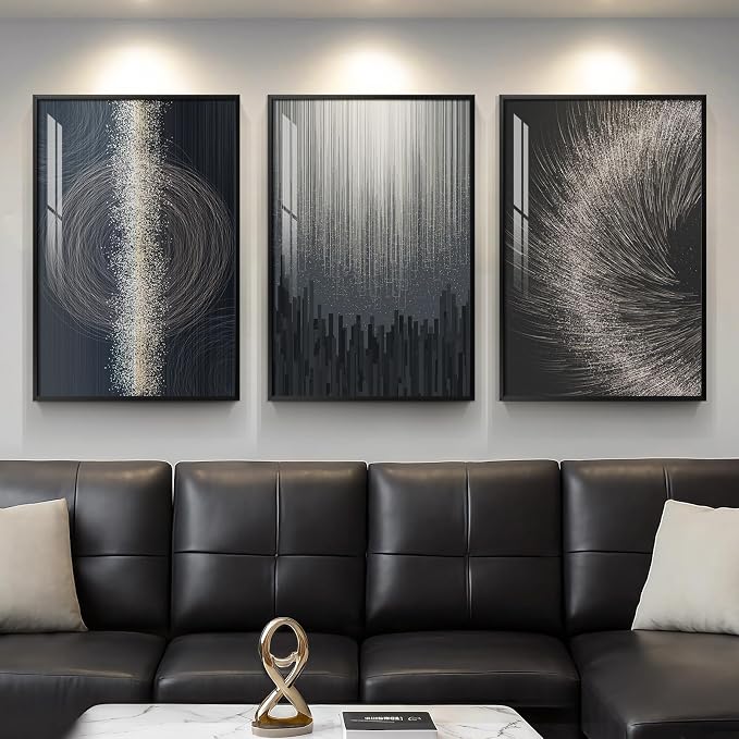 Large Black Silver Abstract Wall Art for Living Room, 3 Piece 24x36 In | Framed modern wall art, Elegant wall decor, Luxury wall art for bedroom dining room office hallway