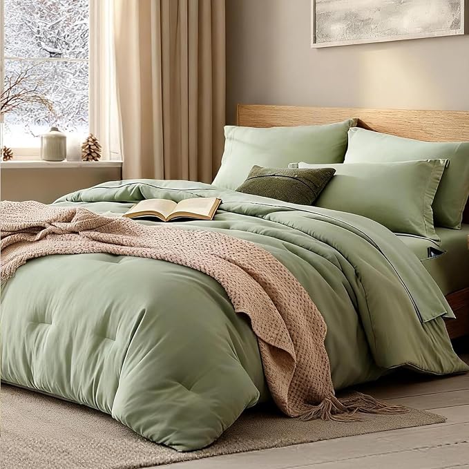 Super King Size Comforter Set- 7 Pieces Soft Bed in a Bag King Bedding Sets | Prewashed All Season Comforter with Sheets, Pillow Shams & Pillowcases, Sage Green