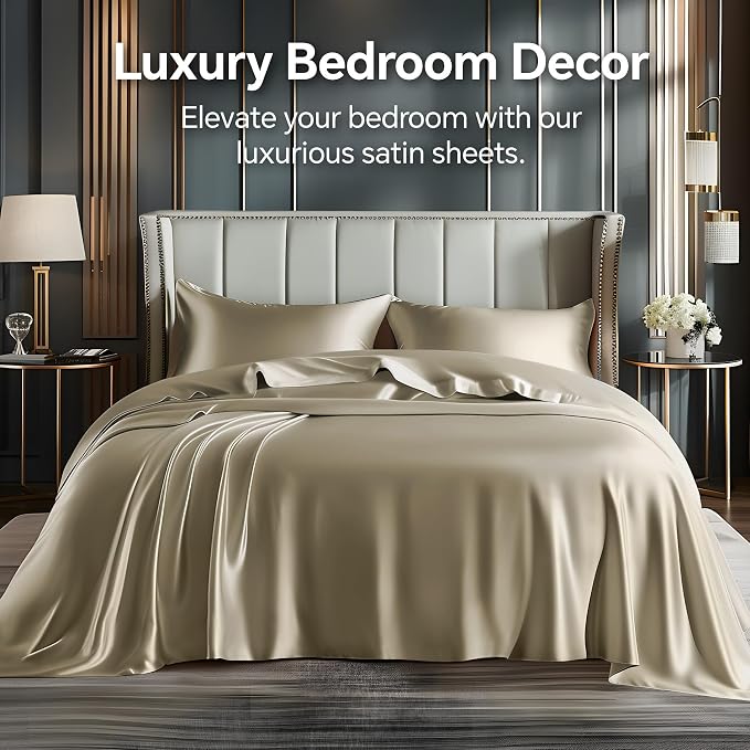 BEDELITE Satin Sheets Queen Size Bed Set, Taupe, 4 Pieces | Luxury Silky Bed Sheets, 15 Inch Deep Pocket, Similar to Silk, Soft and Cooling, Reduces Friction, Gentle on Hair and Skin