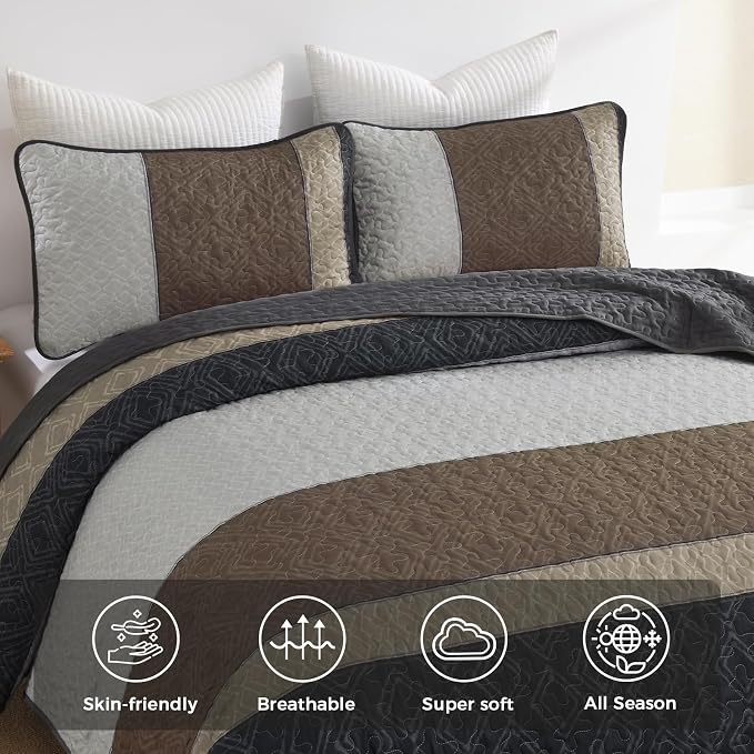 Cottolester King Quilt Set,Grey Brown Striped Plaid Bedsperad Coverlet Set | Modern Boho Style,Striped Plaid Design,Ultra Soft Lightweight Microfiber Quilted Bedding Sets for All Seasons 110"x90"