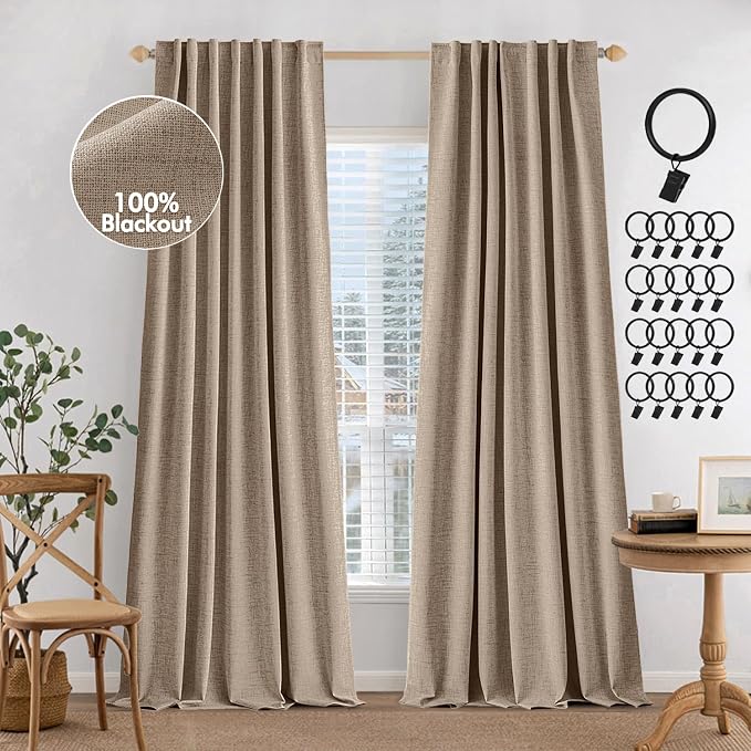 MIULEE 100% Blackout Curtains Linen Curtains 84 Inches Long, Copper Brown | 2 Panels, Full Black Out, Thermal Insulated, Room Darkening Window Curtains for Bedroom Living Room , Back Tab & Rod Pocket