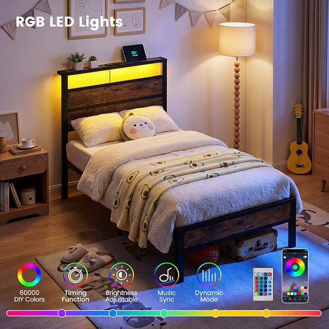 Twin Bed Frame with LED Lights & USB Charging Station | Metal Platform Bed with Storage Headboard, Under Bed Space, Noise Free, No Box Spring Needed, Easy Assembly, Brown