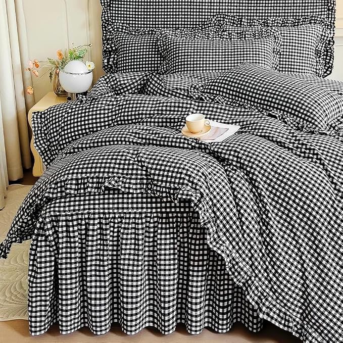 LifeTB Twin XL Comforter Set Black Gingham Comforter with 2 Pillowcases Vintage Ruffle Plaid Comforter Set Grid Bedding Checkered Pattern Comforter Fluffy Soft Plaid Gingham Bedding Set Twin XL