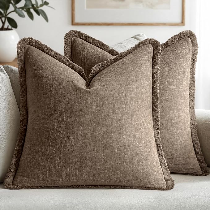 MIULEE Linen Fringe Decorative Fall Throw Pillow Covers Cocoa Brown 20x20 | Set of 2, Cottagecore Decor, Boho Farmhouse Neutral Pillow Covers, Rustic Fall Couch Cushion Cases for Sofa Bed Living Room