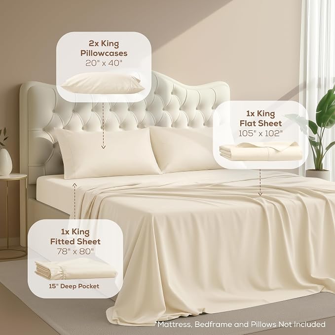 King Sheets Set, 4 Pieces 16" Deep Pocket Hotel Luxury Bed Sheets, Ivory | Extra Soft Bedsheet Set, Comfy & Breathable Cooling Sheets, Wrinkle & Fade Resistant, Fitted Sheet, Flat Sheet, 2 Pillowcases