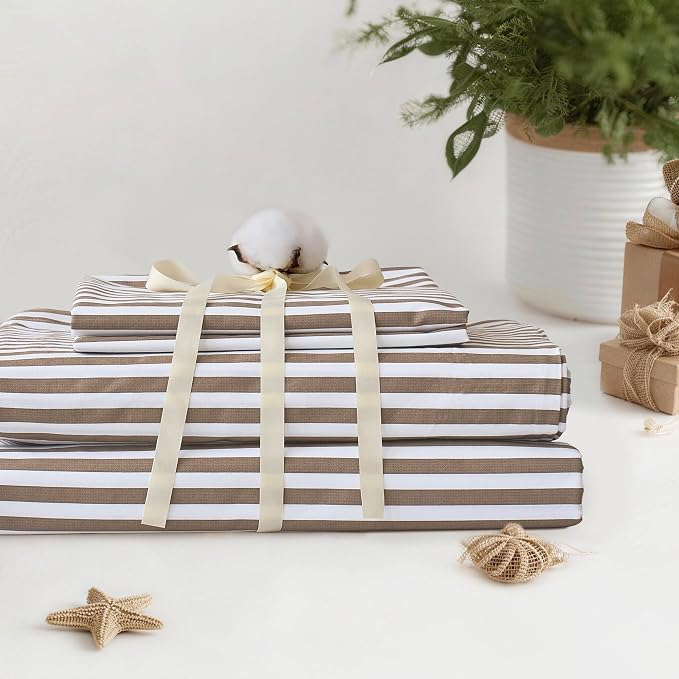 JELLYMONI 100% Cotton Printed Striped Queen Duvet Cover Set, Tan | Breathable and Soft, Classic Stripes, 8 Corner Ties & Double-Head Hidden Zipper, For Master or Guest Bedroom
