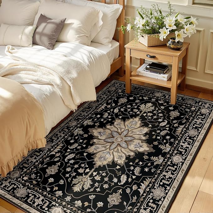 RELEANY Washable Area Rug, 3'x5', Black/Neutral | Non-Slip, Water Repellent, Pet Friendly, Easy to Clean, Vintage Floral Boho Decor for Living Room Bedroom Beside Kitchen