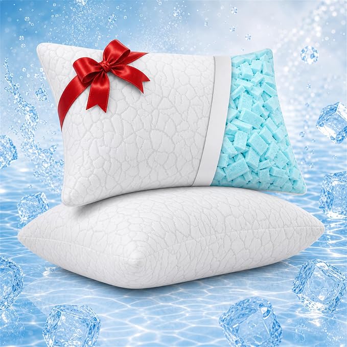 Cooling Pillows King Size Set of 2, Shredded Memory Foam | Adjustable for Hot Sleepers, Cold Pillows, Firm Bed Pillows, Side Back Stomach Sleeping, Removable Washable Cover