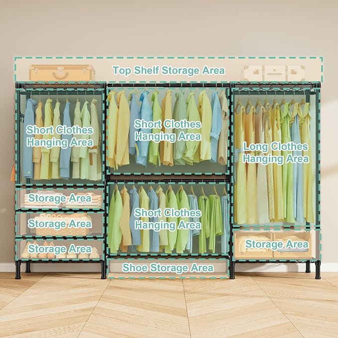 SEMHOR E06 Expandable Heavy Duty Clothes Rack for Reach-in Closet | Freestanding Clothing Racks with Shelves, Carbon Steel Closet Organizer System Adjustable 70.8-93.9", Max Load 800LBS, Black