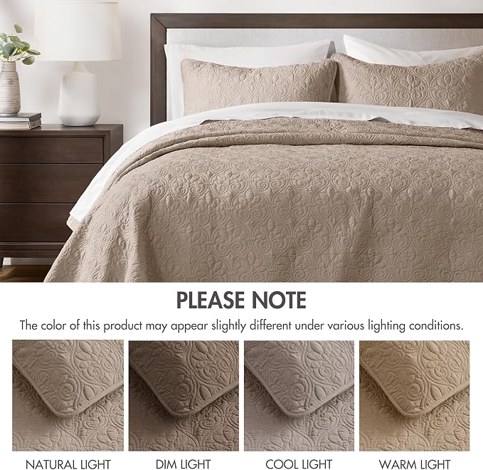 Madison Park Luxurious Cotton Damask Quilt Set, 3PC King/Cal King Bed Set | All Season, Lightweight Stitching Coverlet Bedspread Bedding Stitching with Shams, Dusty Pale Khaki