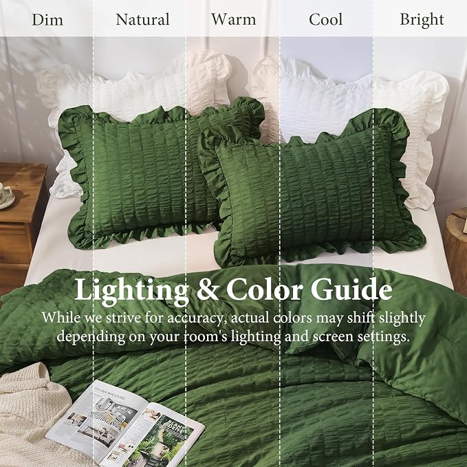 JOLLYVOGUE Dark Green Twin/Twin XL Comforter Set, 2 Pieces Seersucker Lightweight Fluffy Bedding Set, Twin Ruffle Comforter, All Season Soft Microfiber Shabby Chic Bed Set
