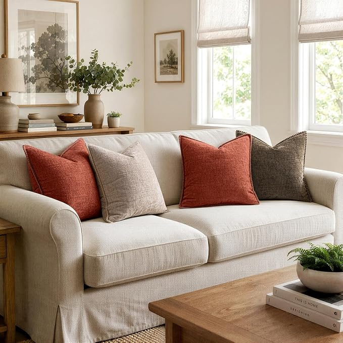 MIULEE Decorative Couch Throw Pillow Covers 20x20 Inch Taupe 2 Pack | Farmhouse Pillow Covers with Stitched Edge, Soft Chenille Cushion Cases, for Sofa Bed Living Room Home Decor