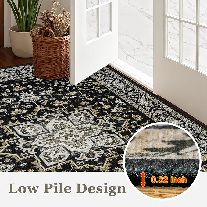10x14 Area Rugs Living Room: Washable Rug for Bedroom Black Gold | Vintage No Slip Stain Resistant Rug Soft Indoor Decor Floor Floral Area Rugs for Dining Room, Nursery, Hallway, Home Office