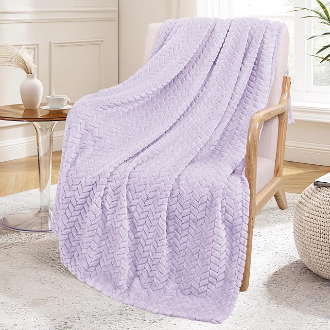 Exclusivo Mezcla Fleece Throw Blanket for Couch Sofa, 50”x70”, Lilac Purple | Oversized Soft Cozy Fluffy Blankets for Summer, Decorative Plush Flannel Throws for Living Room, Bedroom with Leaves Pattern