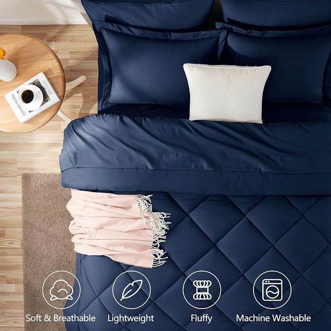 Oversized Queen Comforter Set Navy - 7 Pieces Bed in a Bag | OEKO-TEX Certified, All Season, 240GSM Down-Alternative Comforter, Sheets, Pillowcases & Shams, 14" Deep Pocket, Easy Care