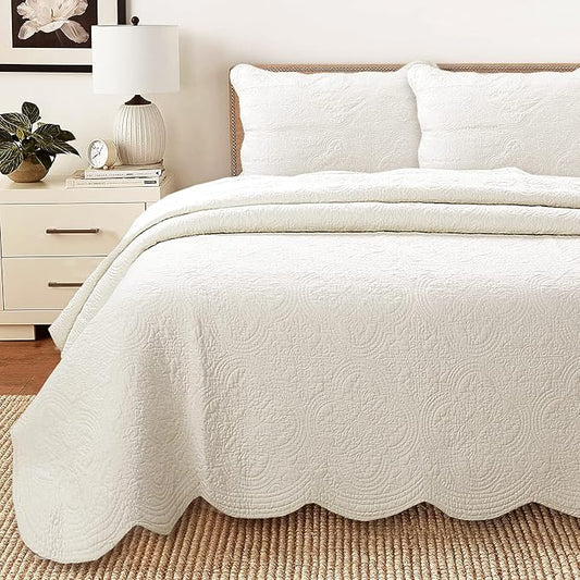 Cozy Line Home Fashions Cotton Quilt Set Twin – 2-Piece Ivory Matelasse Quilted Medallion Bedspread, Lightweight All Season Coverlet