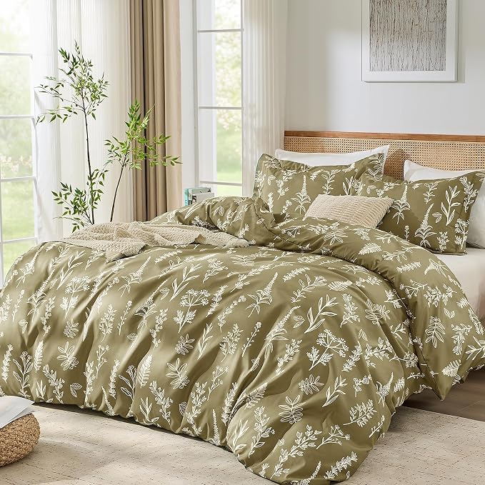 MUXHOMO Duvet Cover Full Size, Reversible Floral Olive Green Duvet Cover Set with Zipper Closure, 3 Pieces Botanical Patterns Soft Microfiber Bedding Set with 4 Ties (80"x90", 2 Pillow Cases)