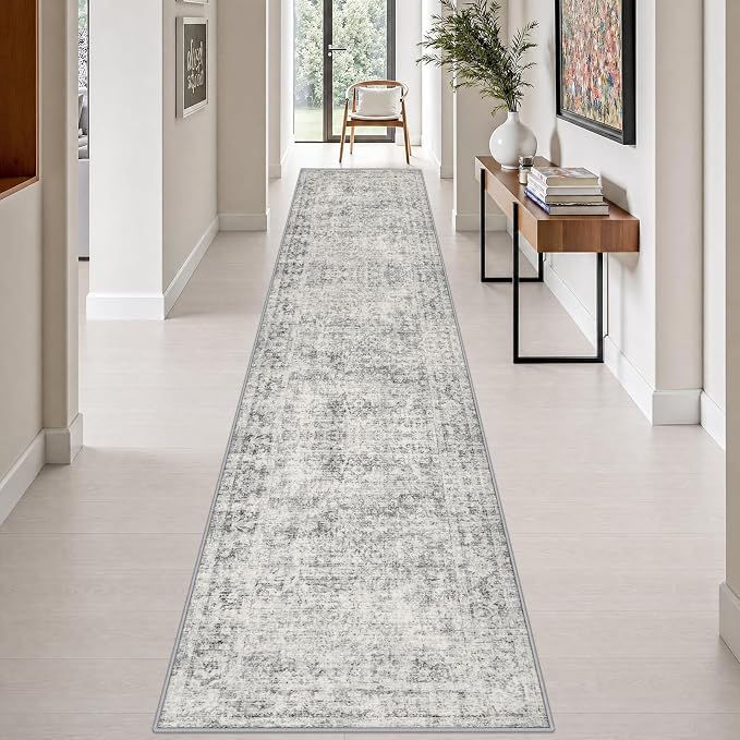 2.6x14 Washable Runner Rug:Modern Abstract Soft Carpet Black Grey | For Hallway, Bedroom, Kitchen, Laundry, Bathroom,Door Mat,Modern Abstract,Machine washable,Non-Slip,Stain Resistant,Indoor