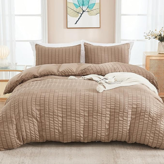 AveLom Taupe Duvet Cover Cal King(104 x 98 inches), 3 Pieces (1 Duvet Cover, 2 Pillowcases), Seersucker Striped Soft Washed Microfiber, Textured Duvet Cover Set with Zipper Closure, Corner Ties