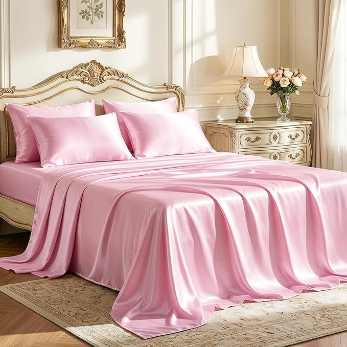 Love's cabin Satin Full Sheets Set - 6 Piece Pink Silky Bed Sheets Set with Deep Pocket, Luxury Silk Feel Satin Full Size Sheet Set (1 Flat Sheet, 1 Fitted Sheet, 4 Pillow Cases)