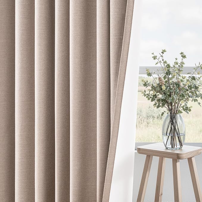 96 inch long blackout window curtains 2 Panels for bedroom 100% Black out Linen texture Curtain Vintage Farmhouse Drapes with Back Tab Rod Pocket Pinch pleated Thermal Insulated Panel for Living Room